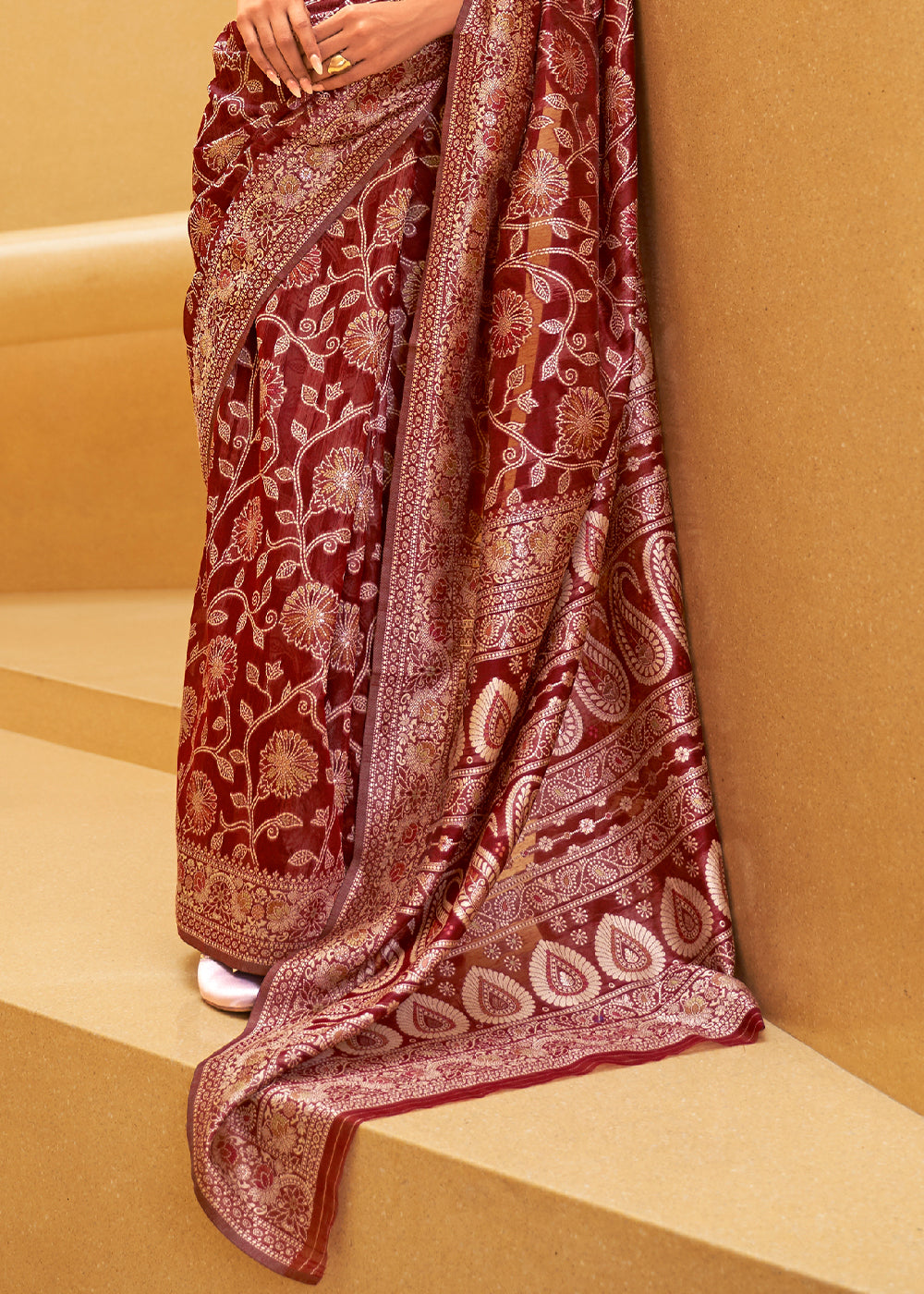 Crimson Red Lucknowi Chikankari Weaving Silk Saree