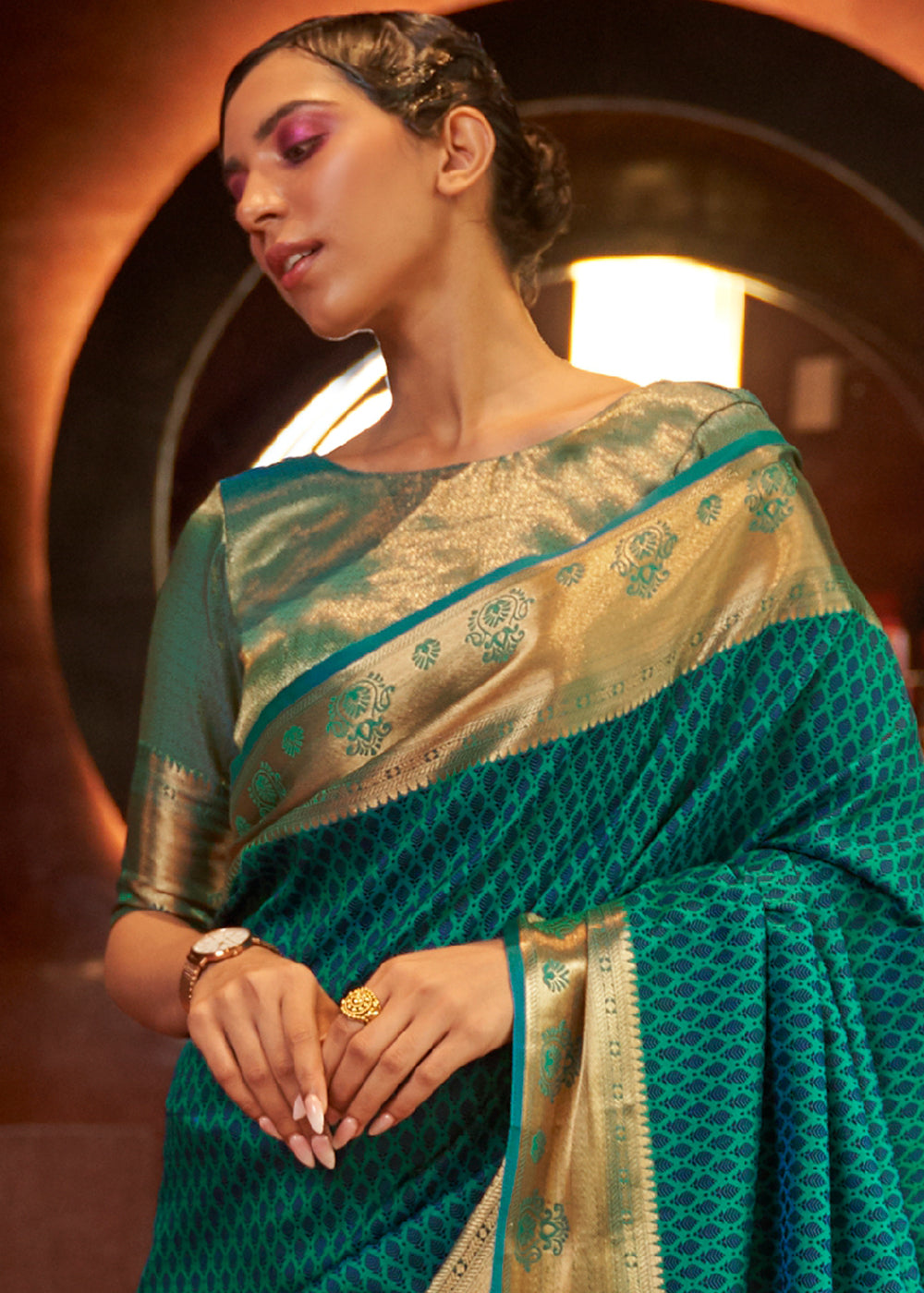 Dark Cyan Green Handloom Woven Banarasi Silk Saree