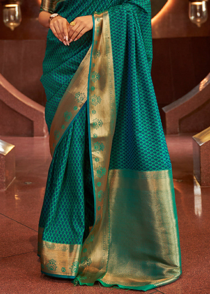 Dark Cyan Green Handloom Woven Banarasi Silk Saree