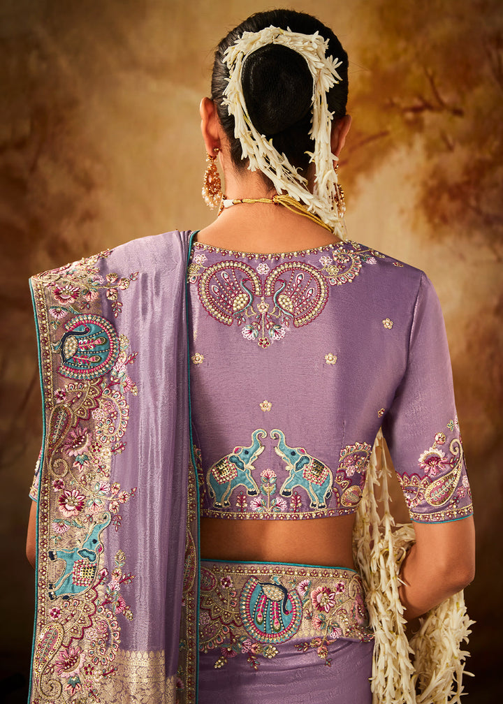 Floral Purple Woven Banarasi Silk Saree with Sequin,Stone,Zardosi,Khatli & Pearl work