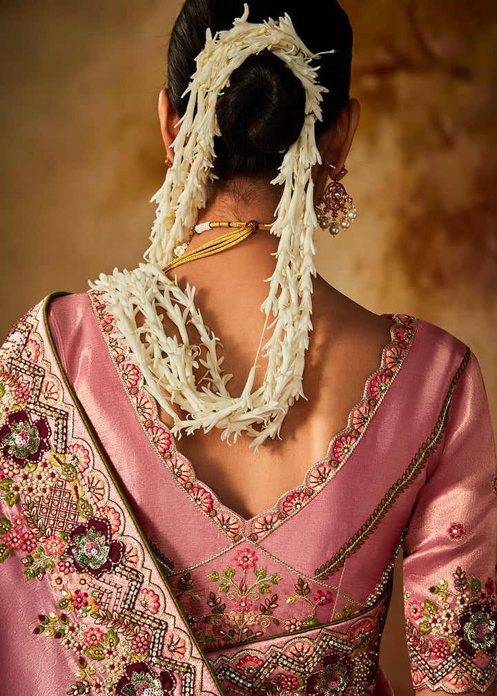 Rose Pink Woven Banarasi Silk Saree with Sequin,Stone,Zardosi,Khatli & Pearl work