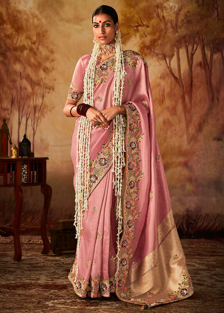 Rose Pink Woven Banarasi Silk Saree with Sequin,Stone,Zardosi,Khatli & Pearl work