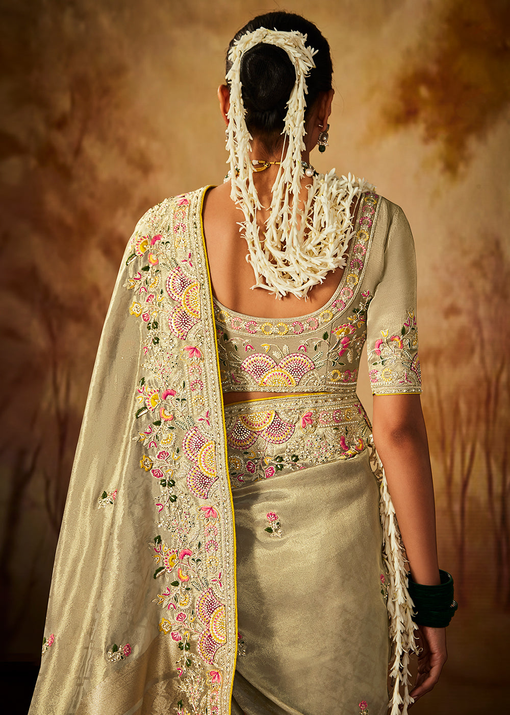 Light Sage Green Woven Banarasi Silk Saree with Sequin,Stone,Zardosi,Khatli & Pearl work