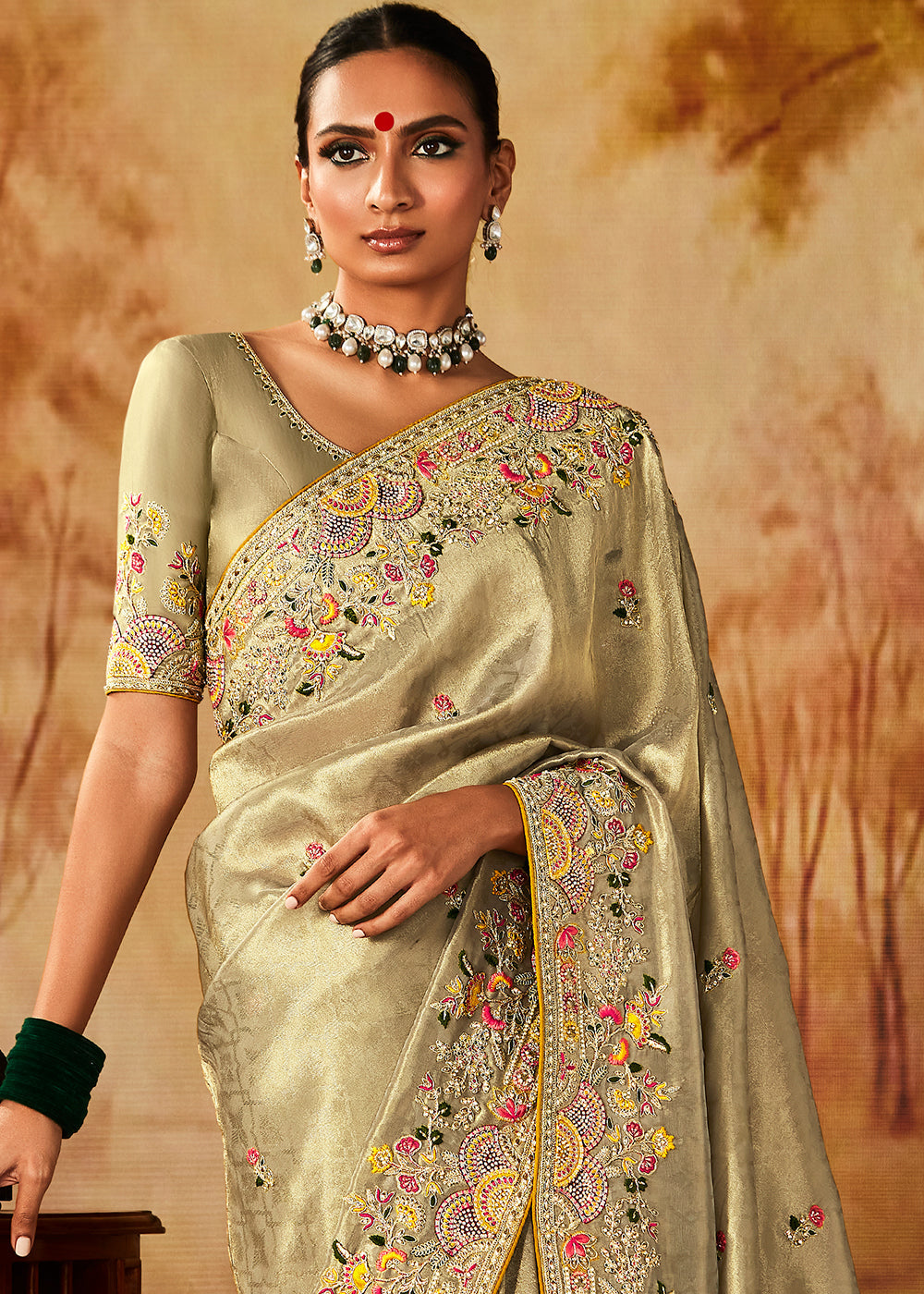 Light Sage Green Woven Banarasi Silk Saree with Sequin,Stone,Zardosi,Khatli & Pearl work