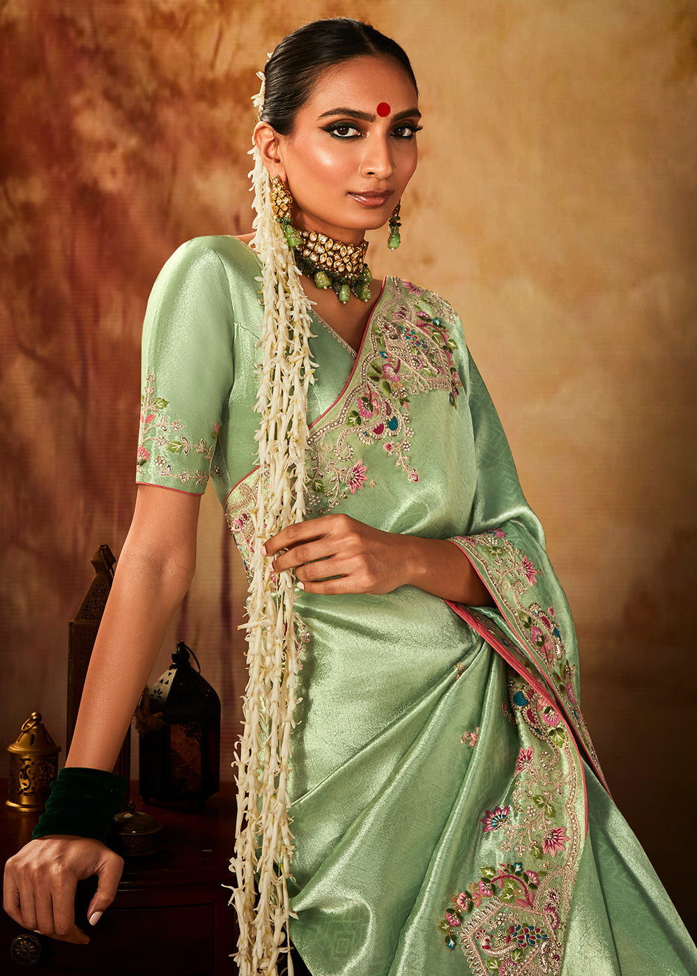 Emerald Green Woven Banarasi Silk Saree with Sequin,Stone,Zardosi,Khatli & Pearl work