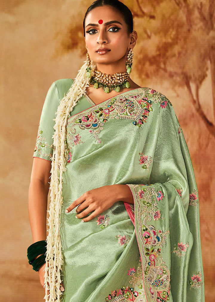 Emerald Green Woven Banarasi Silk Saree with Sequin,Stone,Zardosi,Khatli & Pearl work