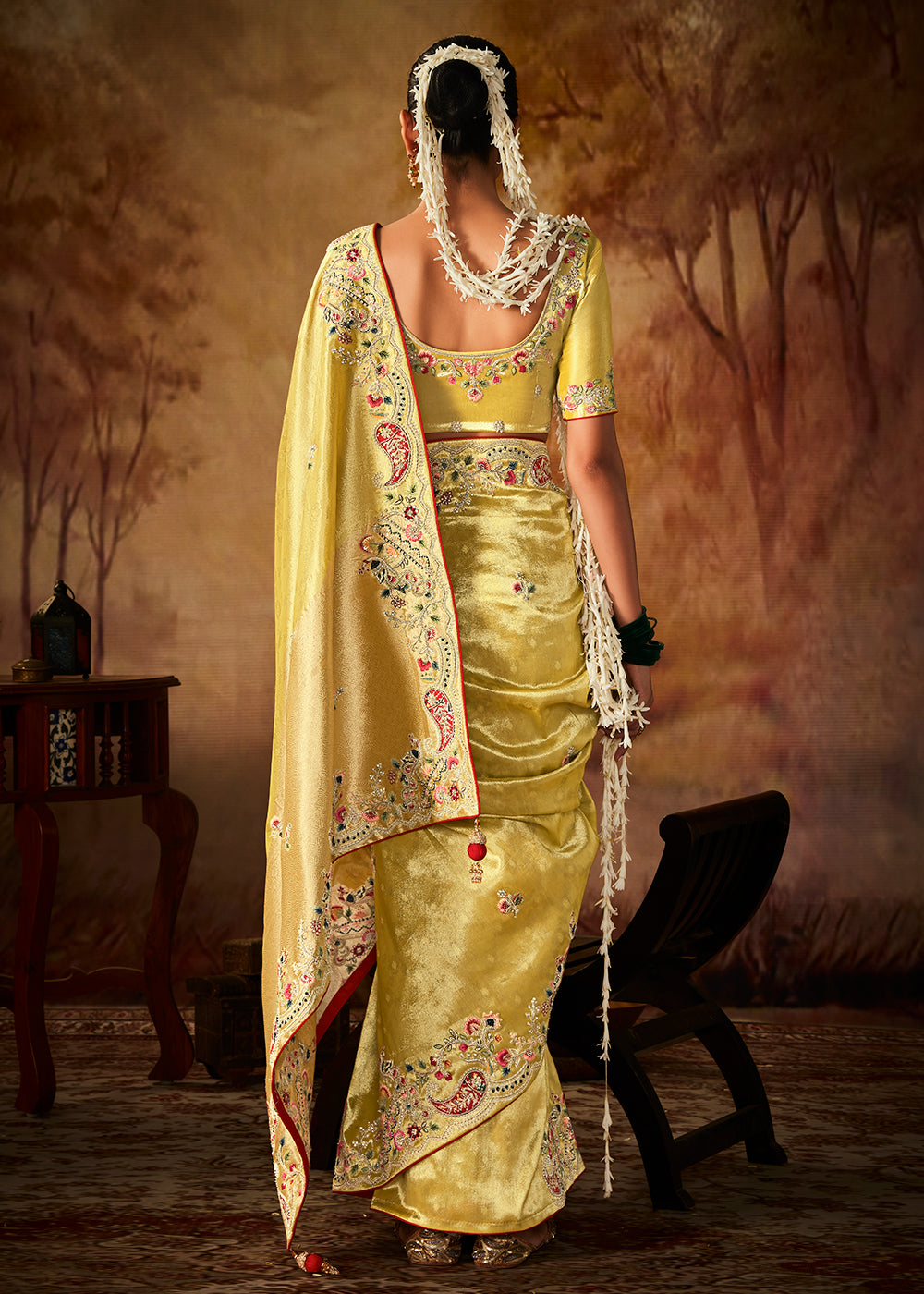 Bumblebee Yellow Woven Banarasi Silk Saree with Sequin,Stone,Zardosi,Khatli & Pearl work