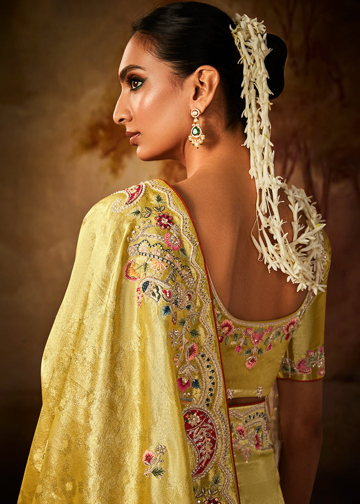 Bumblebee Yellow Woven Banarasi Silk Saree with Sequin,Stone,Zardosi,Khatli & Pearl work