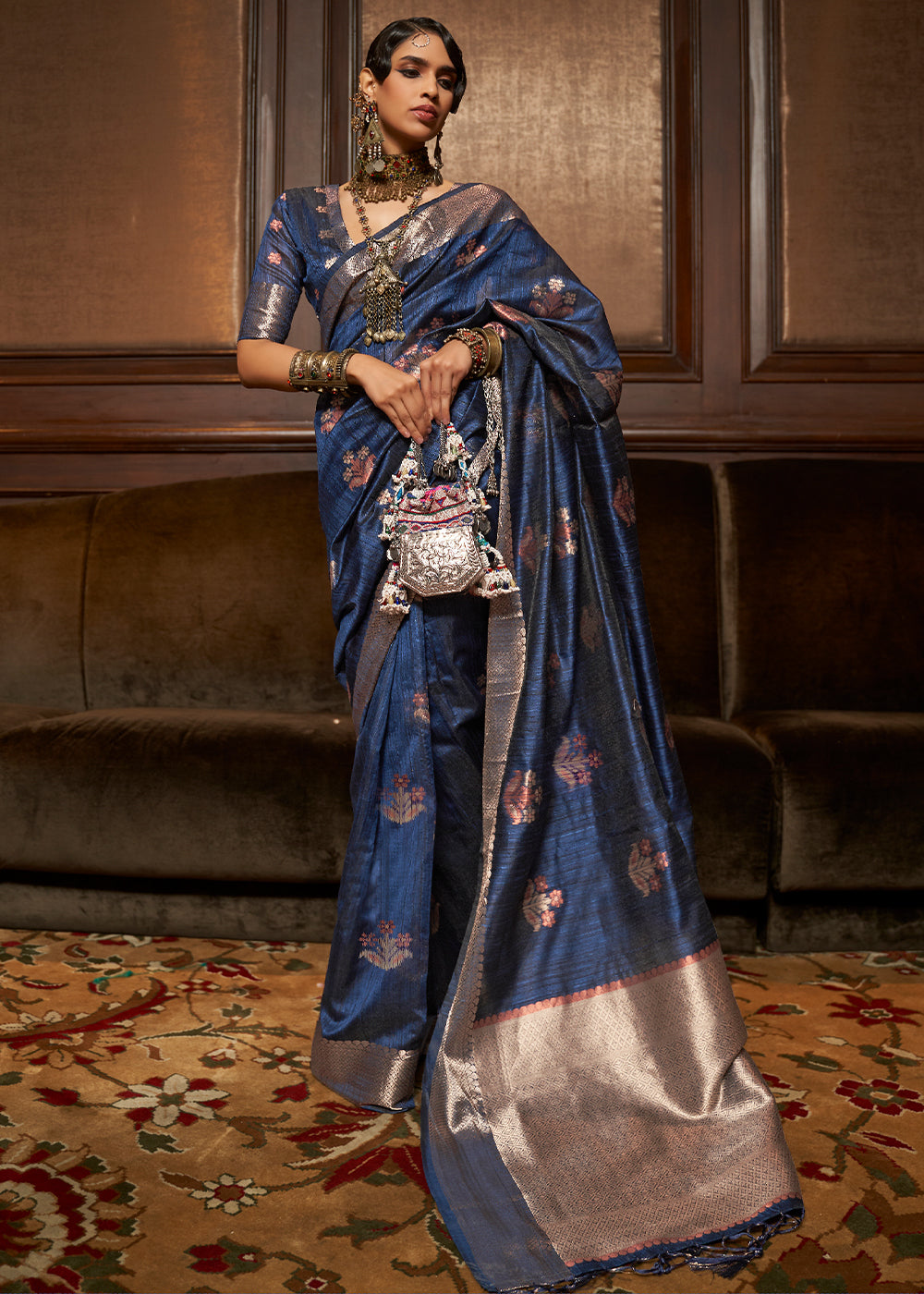 Navy Blue Handloom Weaving Silk Saree