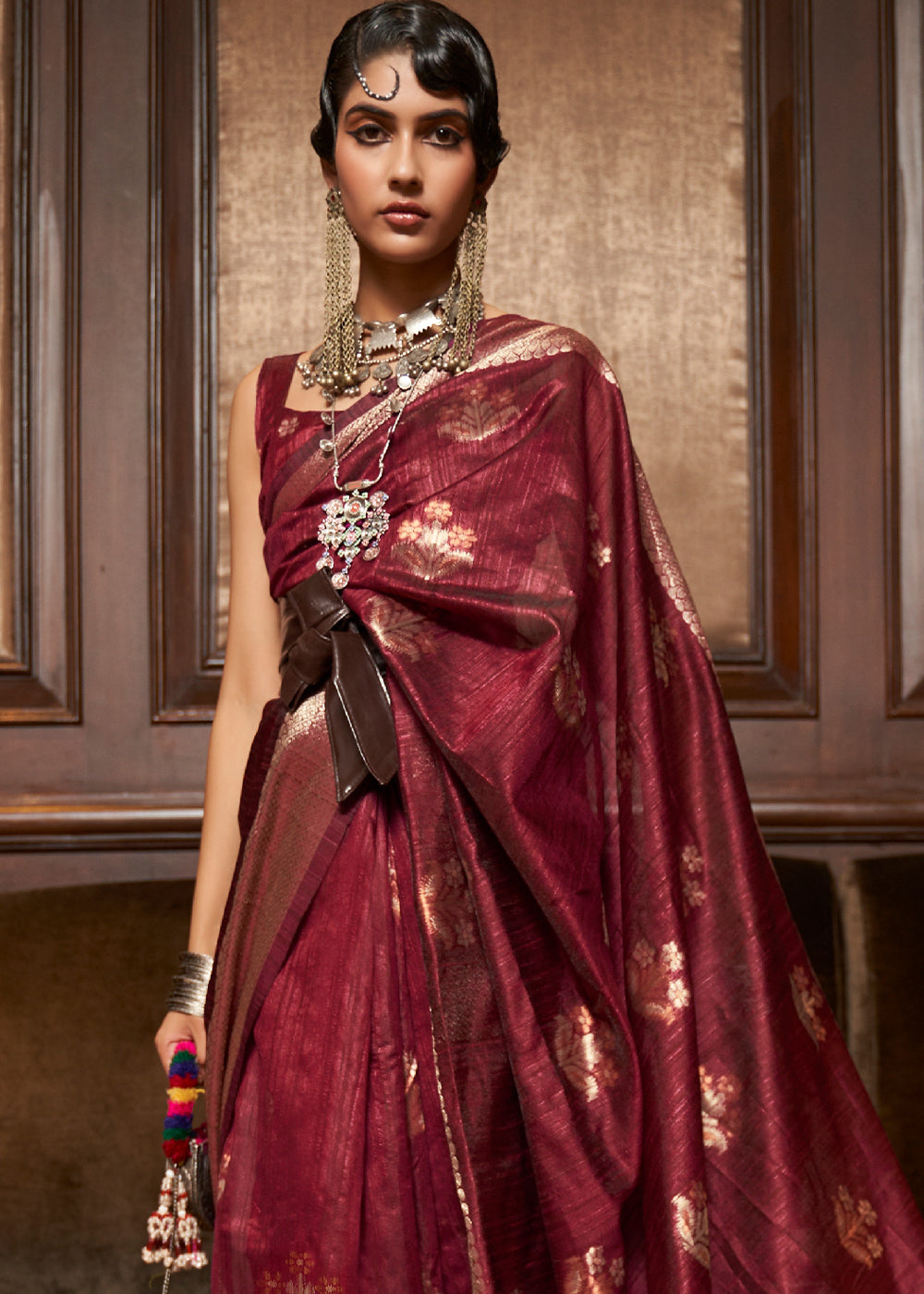 Berry Red Handloom Weaving Silk Saree