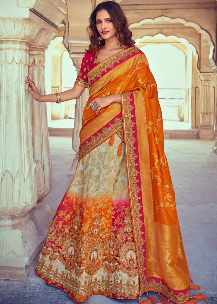 Daisy White & Orange Banarasi Silk Lehenga Choli with Khatli work Embroidery