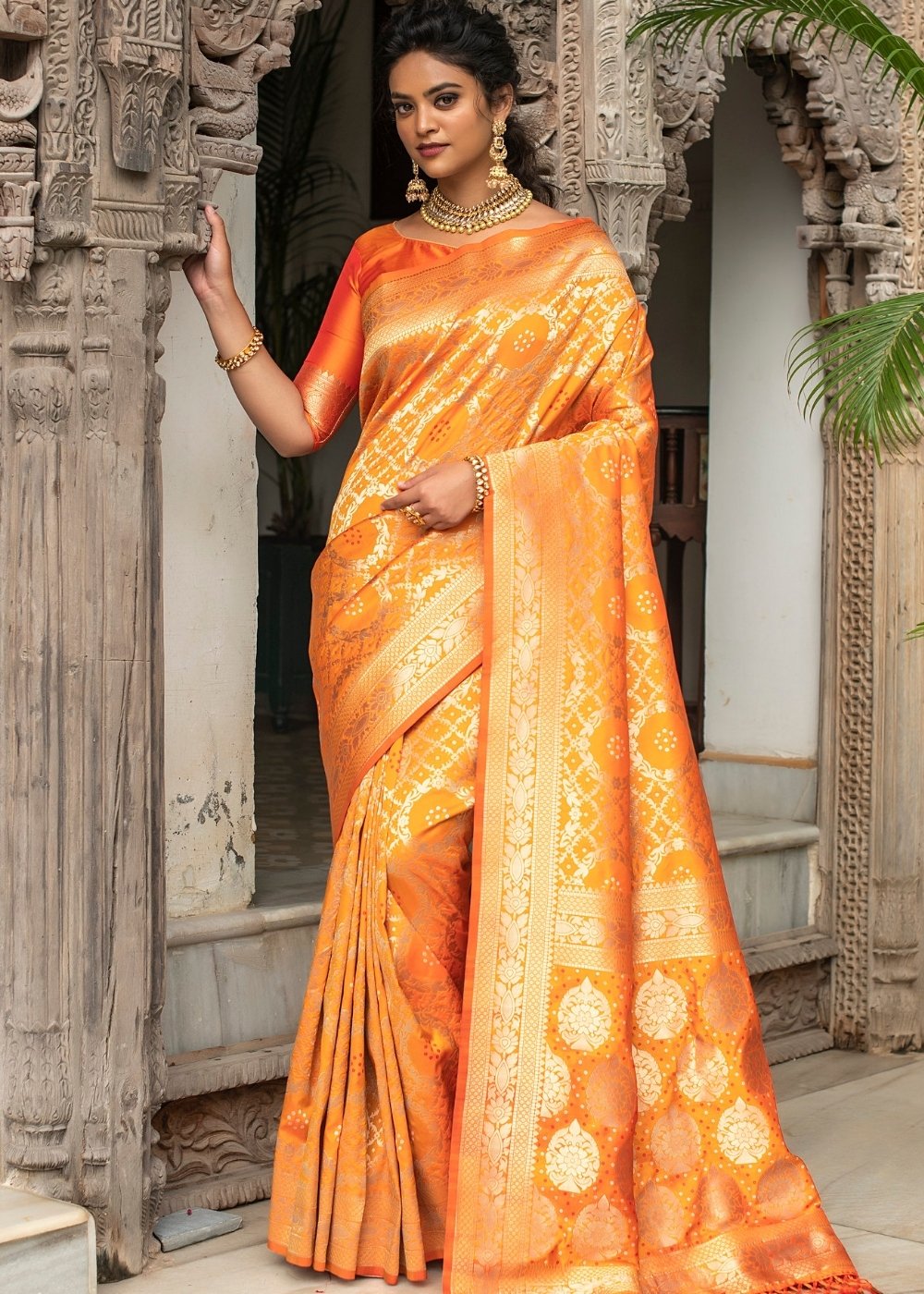 Gold Orange Zari Woven Bandhani Banarasi Silk Saree