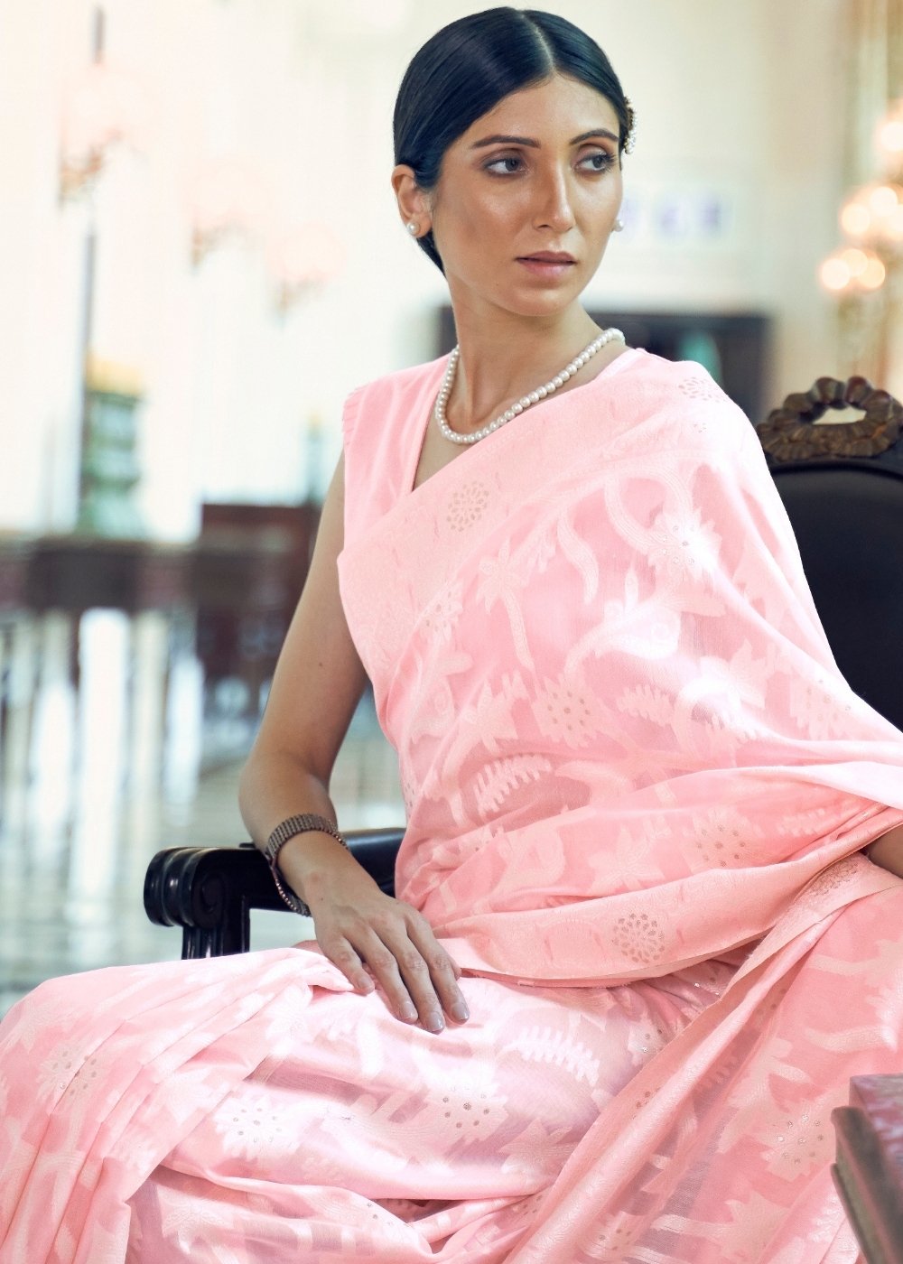 Baby Pink Lucknowi Chikankari Weaving Silk Saree