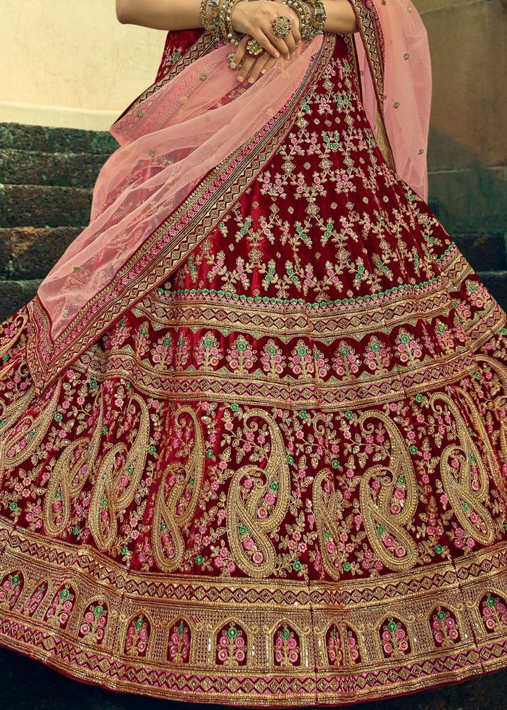 Sangria Red Bridal Velvet Lehenga Choli with Embroidery & Hand work