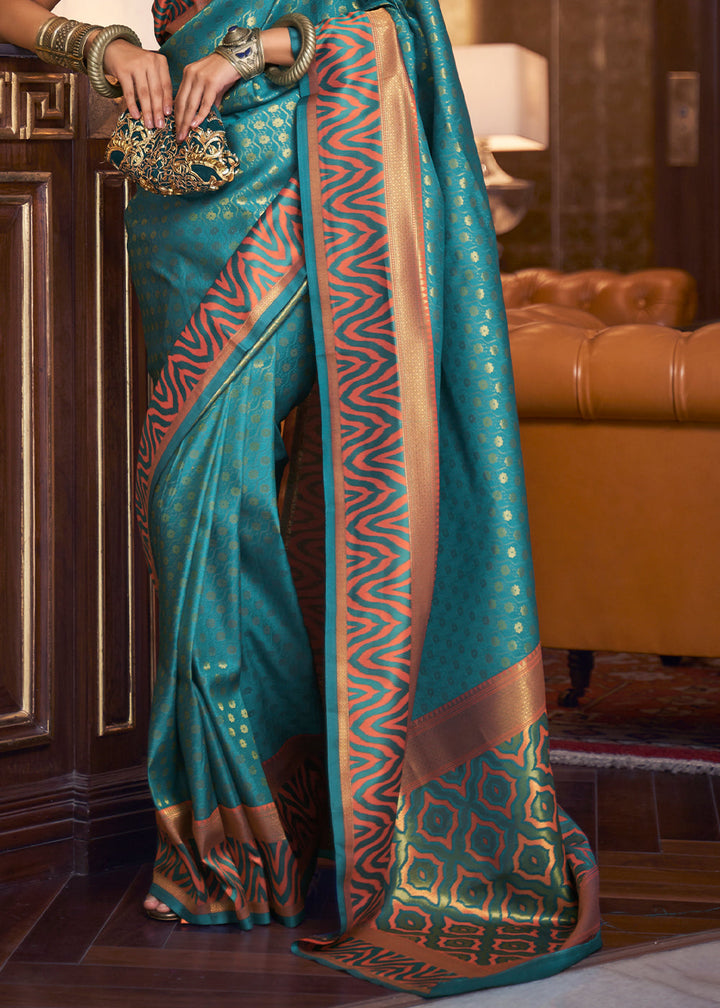 Olympic Blue Handloom Woven Banarasi Silk Saree