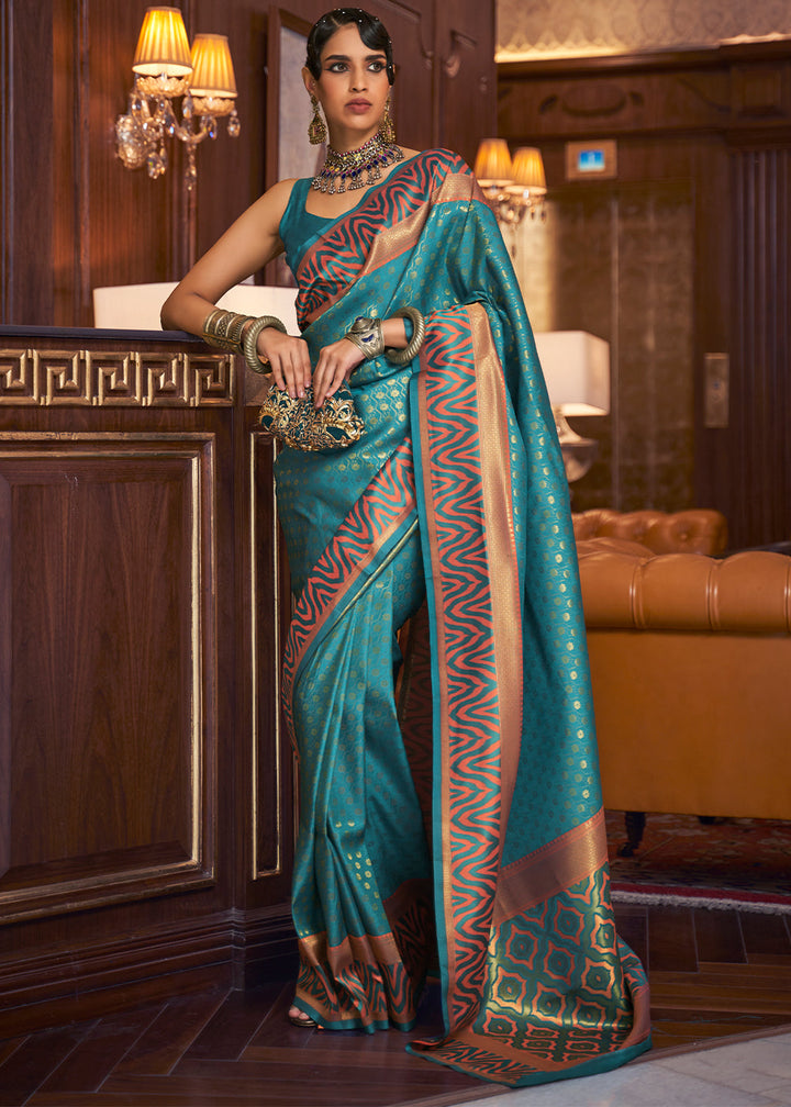Olympic Blue Handloom Woven Banarasi Silk Saree