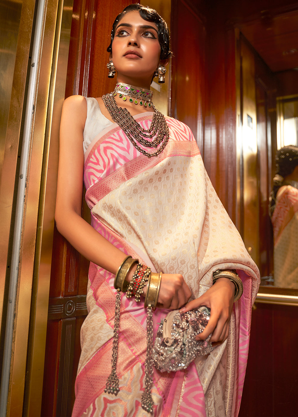 Ivory White Handloom Woven Banarasi Silk Saree