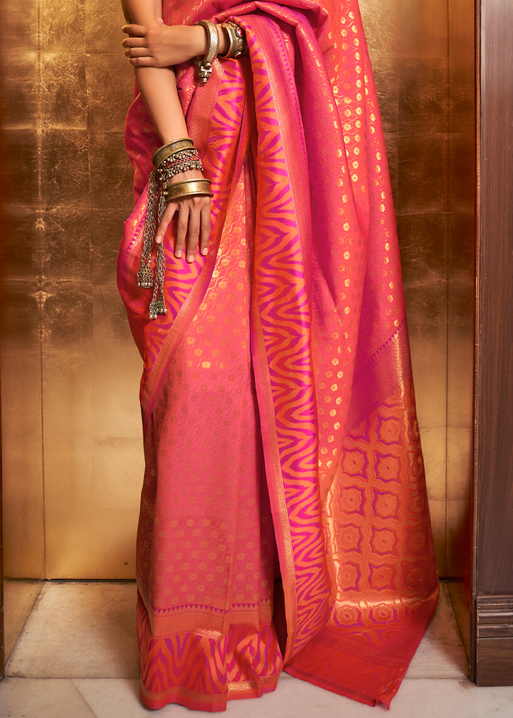 Fiery Rose Pink Handloom Woven Banarasi Silk Saree