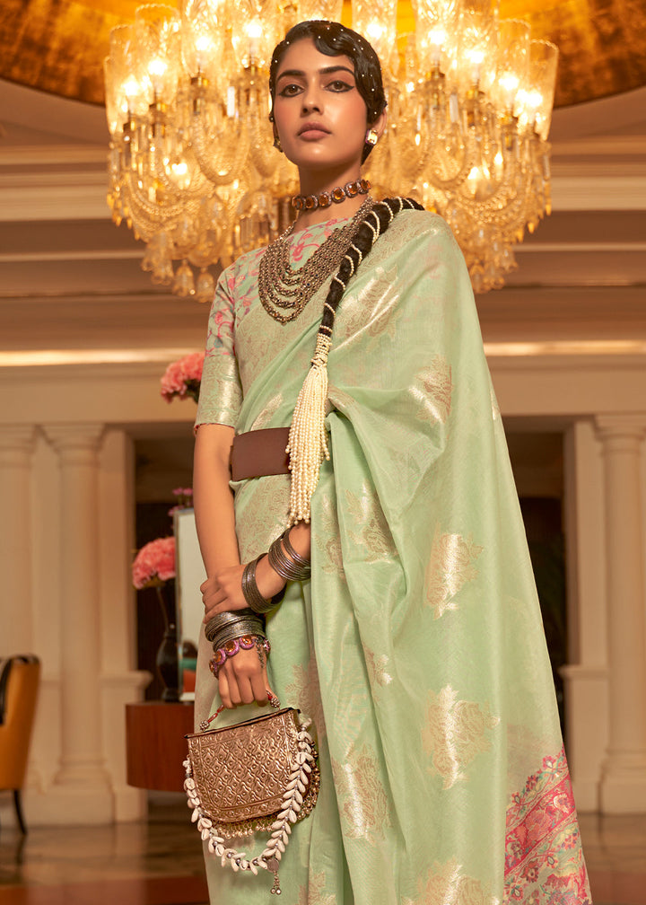 Tea Green Handloom Woven Silk Saree with Kashmiri Pallu