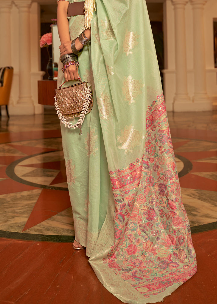Tea Green Handloom Woven Silk Saree with Kashmiri Pallu