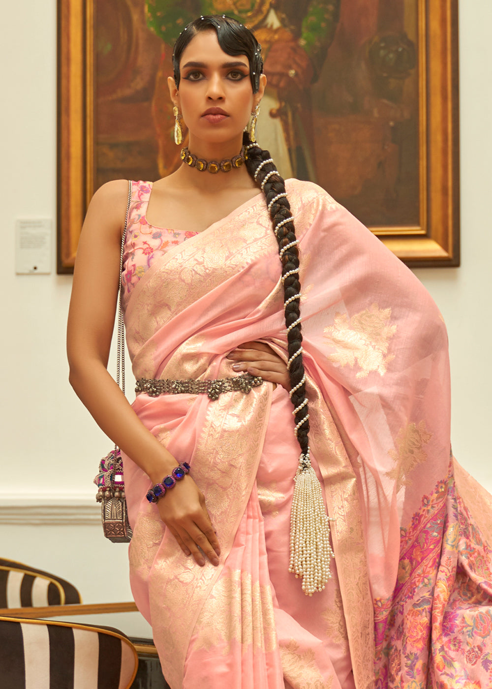 Lemonade Pink Handloom Woven Silk Saree with Kashmiri Pallu