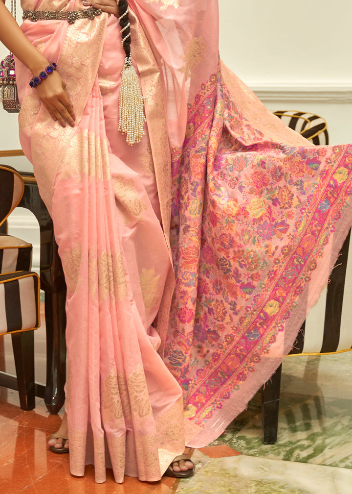 Lemonade Pink Handloom Woven Silk Saree with Kashmiri Pallu