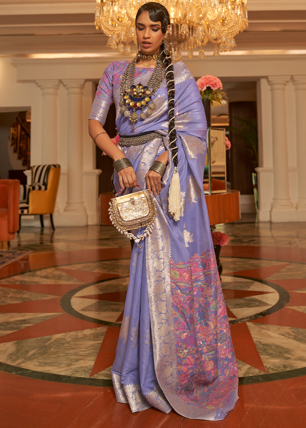 Soft Purple Handloom Woven Silk Saree with Kashmiri Pallu