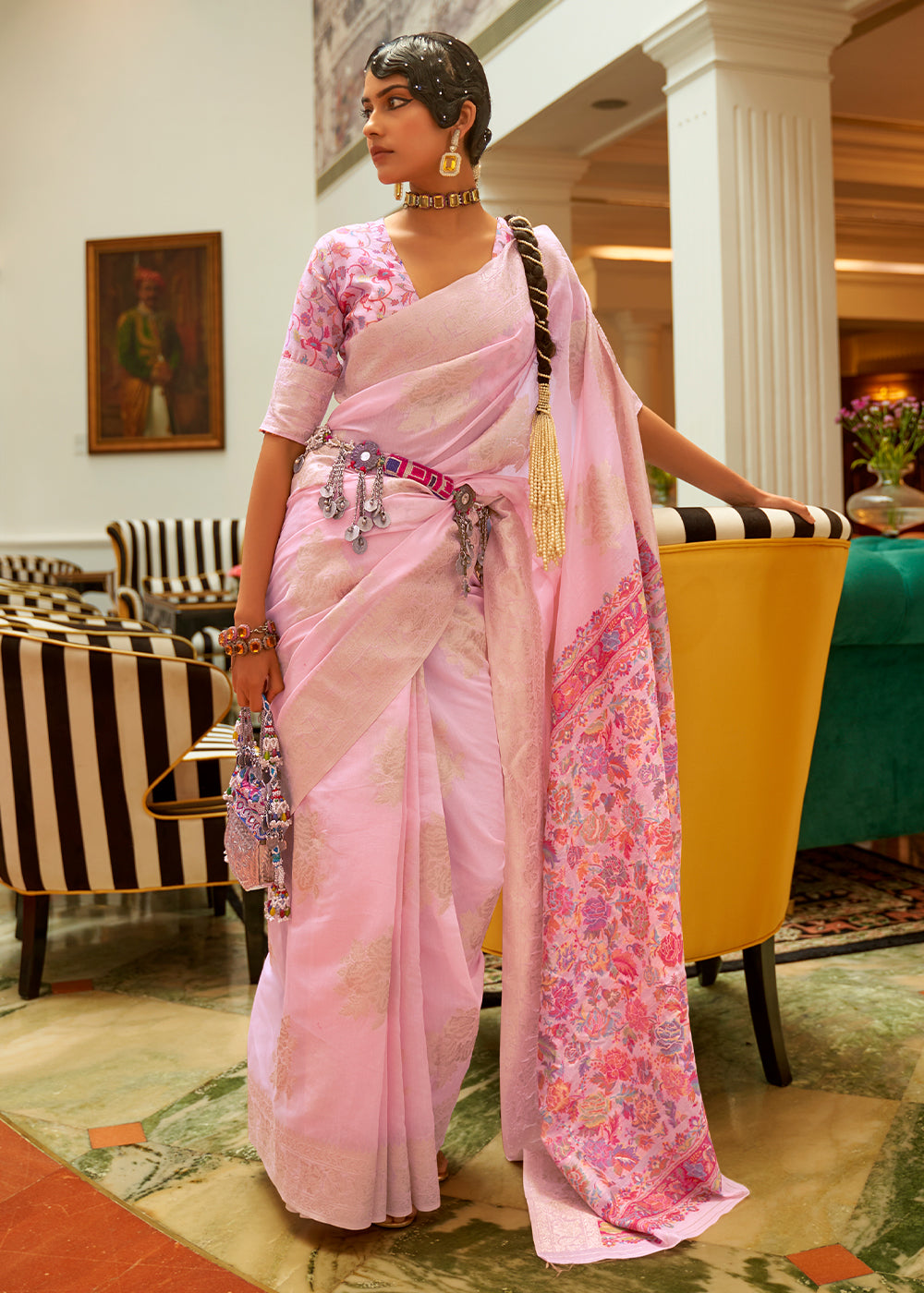 Baby Pink Handloom Woven Silk Saree with Kashmiri Pallu