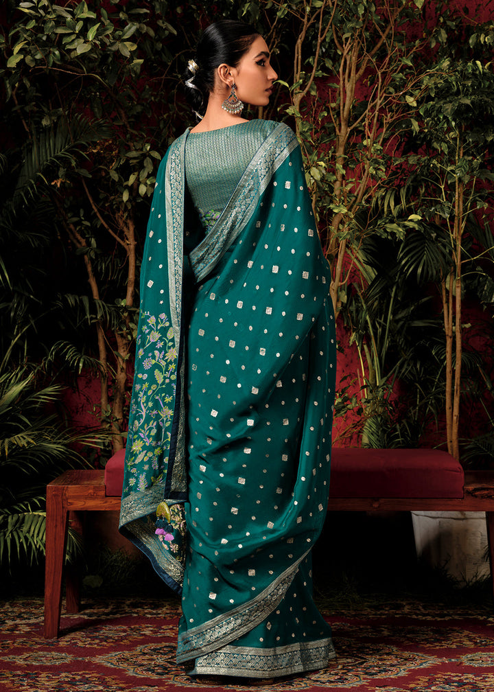 Dark Cyan Green Zari Woven Dola Silk Saree with Designer Pallu