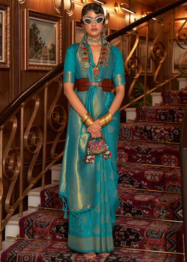 Teal Blue Woven Banarasi Silk Saree
