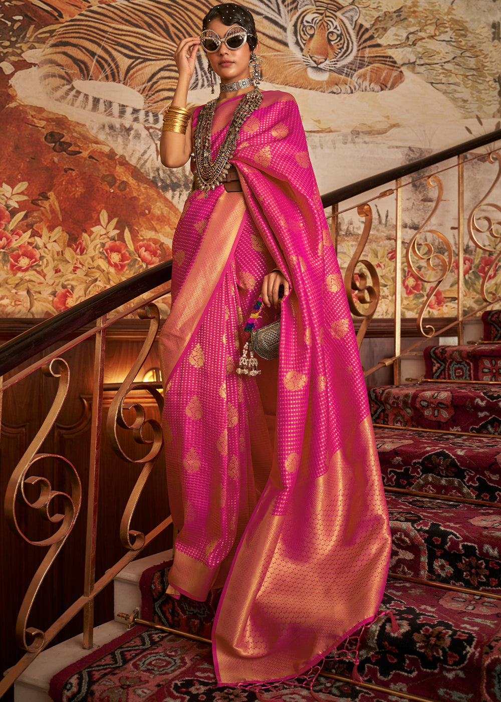 Magenta Pink Woven Banarasi Silk Saree