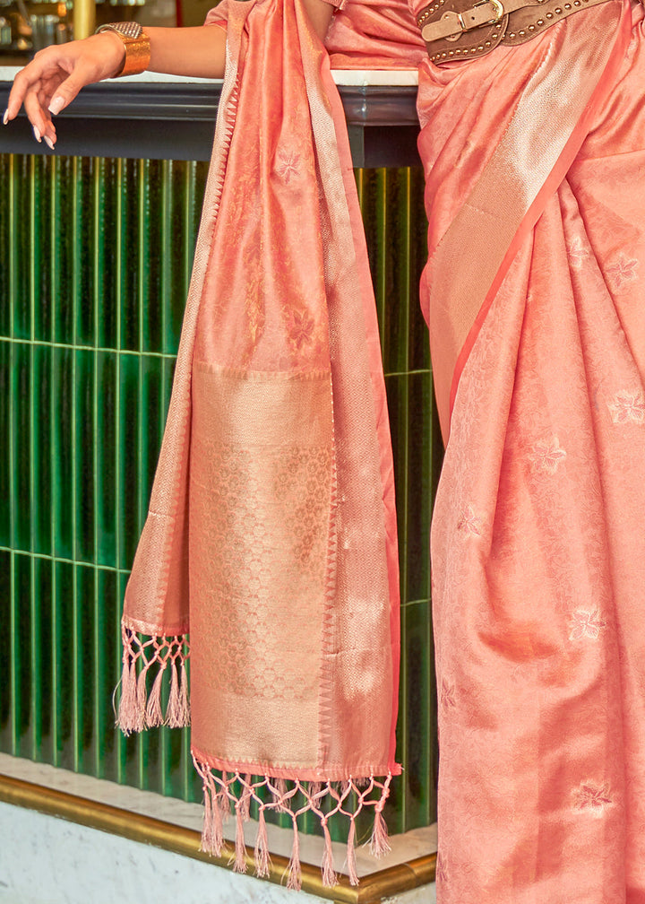 Peach Pink Handloom Weave Organza Silk Saree