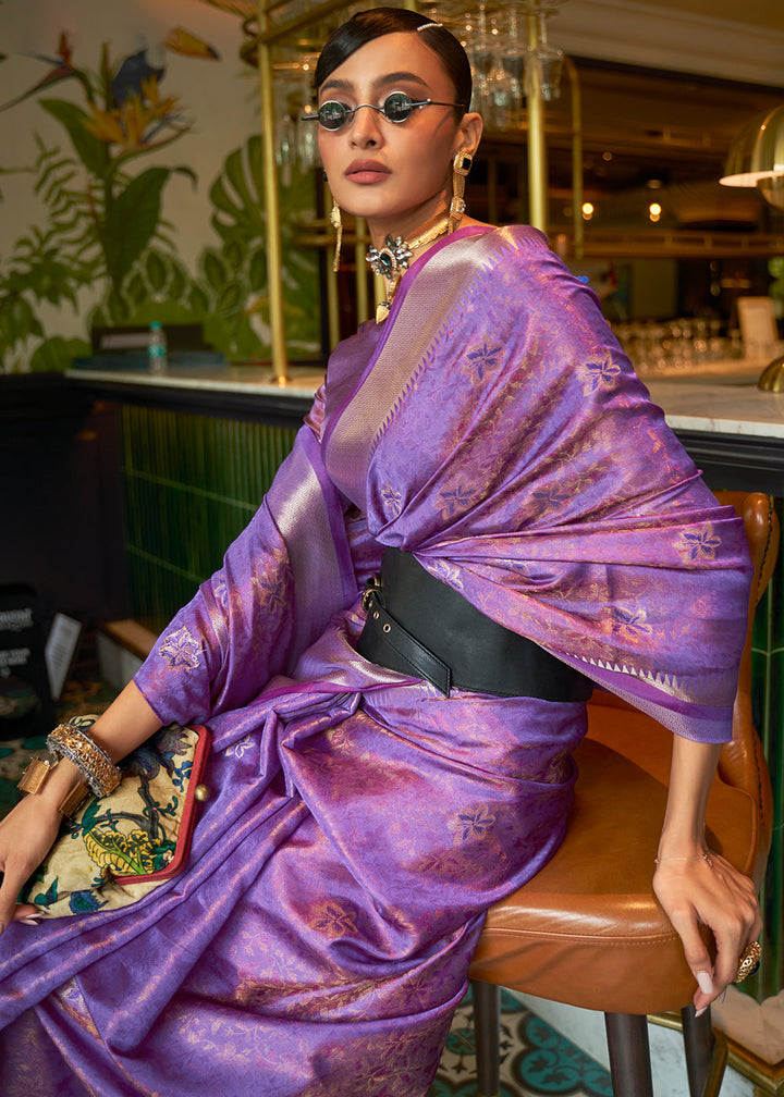 French Purple Handloom Weave Organza Silk Saree