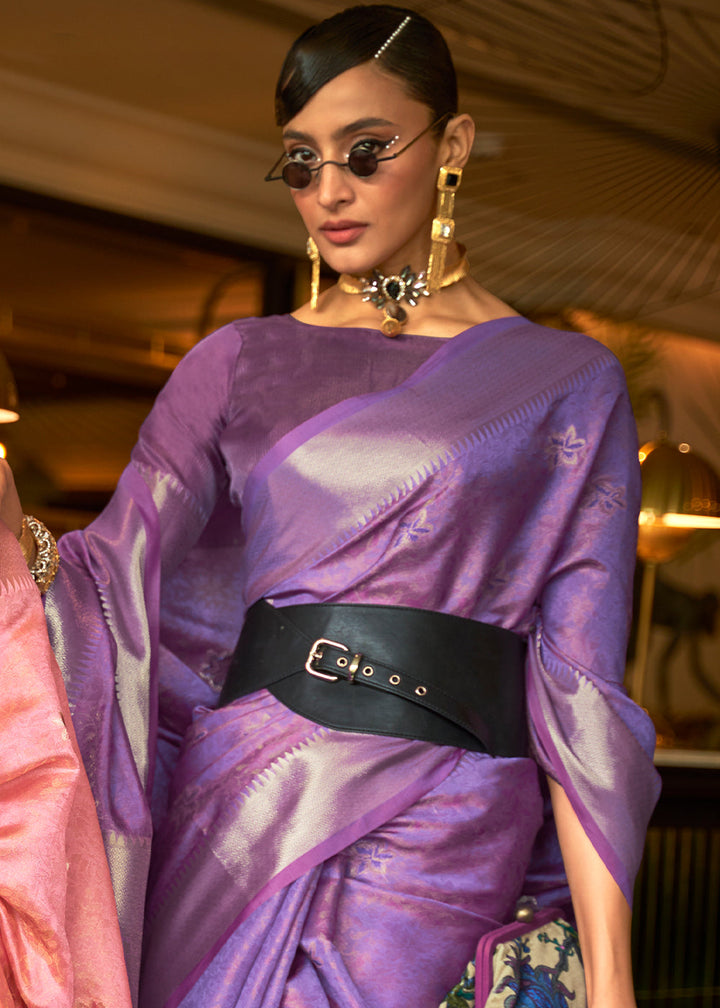 French Purple Handloom Weave Organza Silk Saree