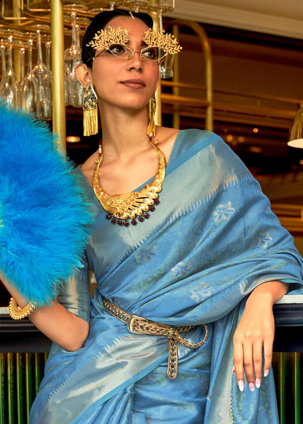 Azure Blue Handloom Weave Organza Silk Saree