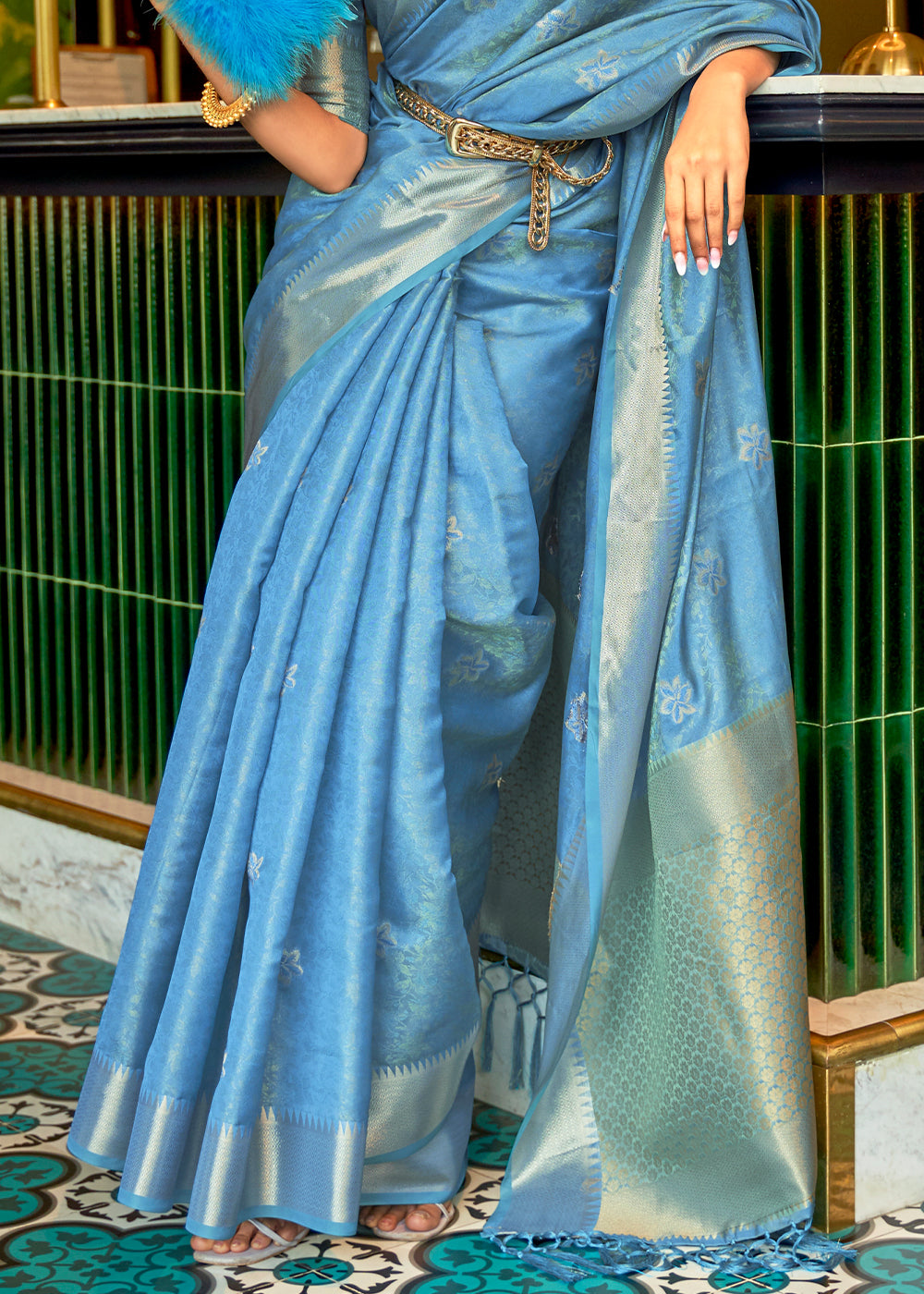 Azure Blue Handloom Weave Organza Silk Saree