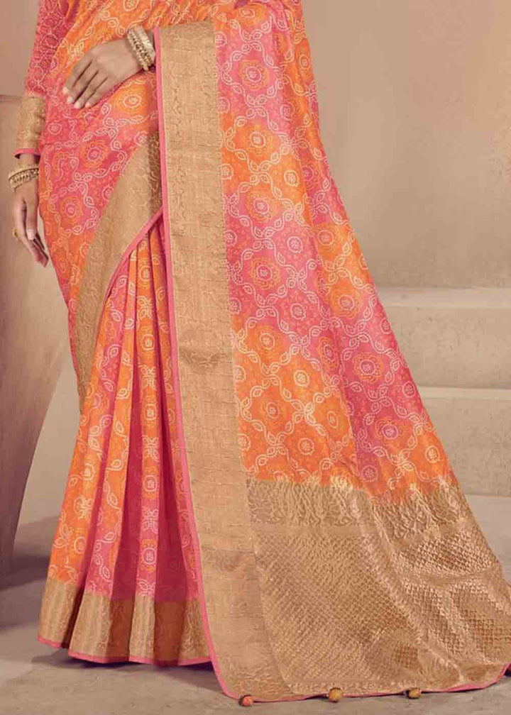 Pink & Yellow Zari Woven Raw Silk Saree