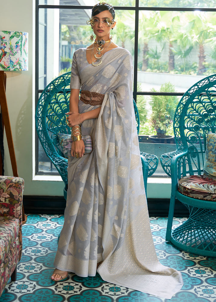 Shades Of Grey Chikankari Weaving Silk Saree with Sequins work