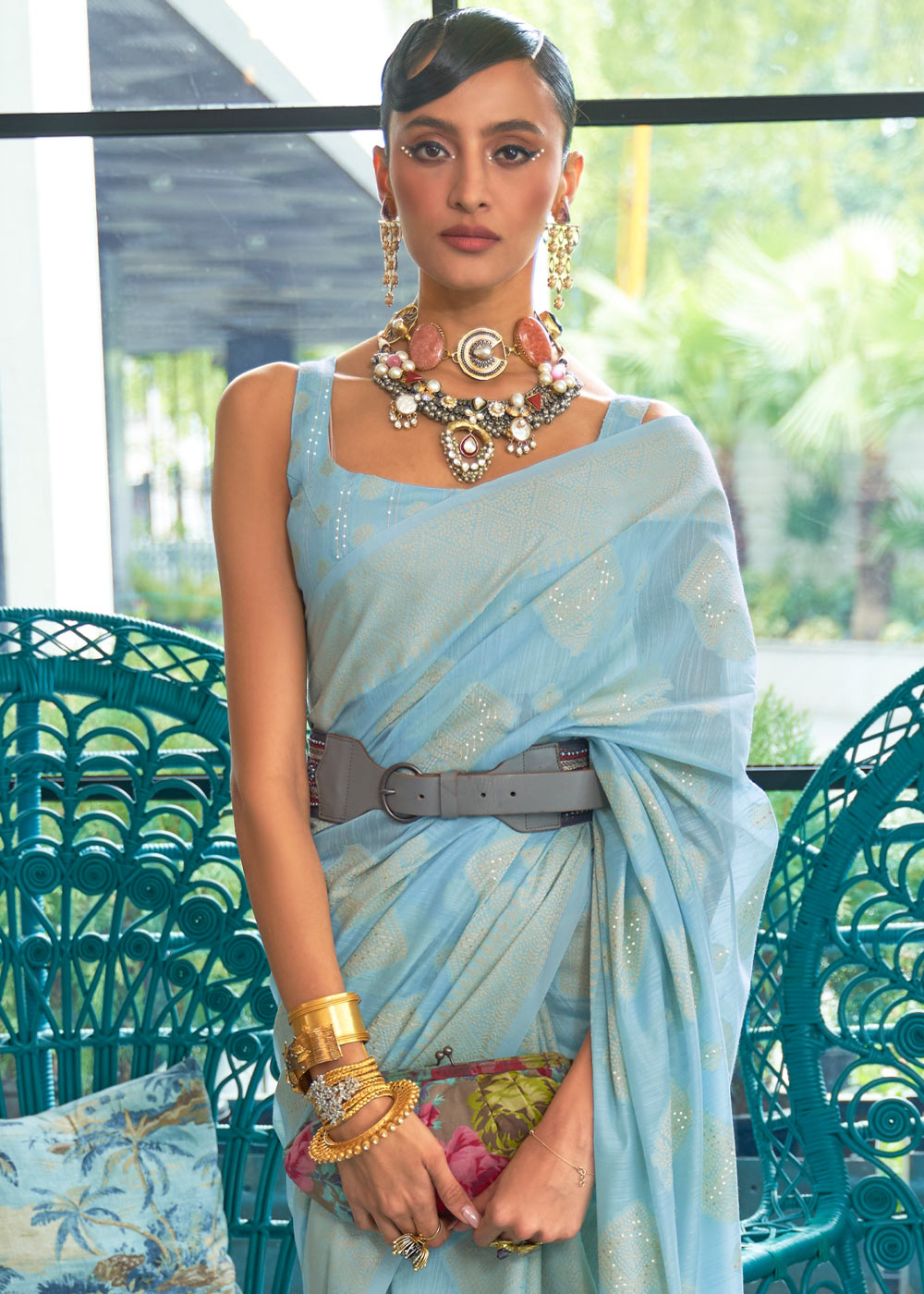Baby Blue Chikankari Weaving Silk Saree with Sequins work