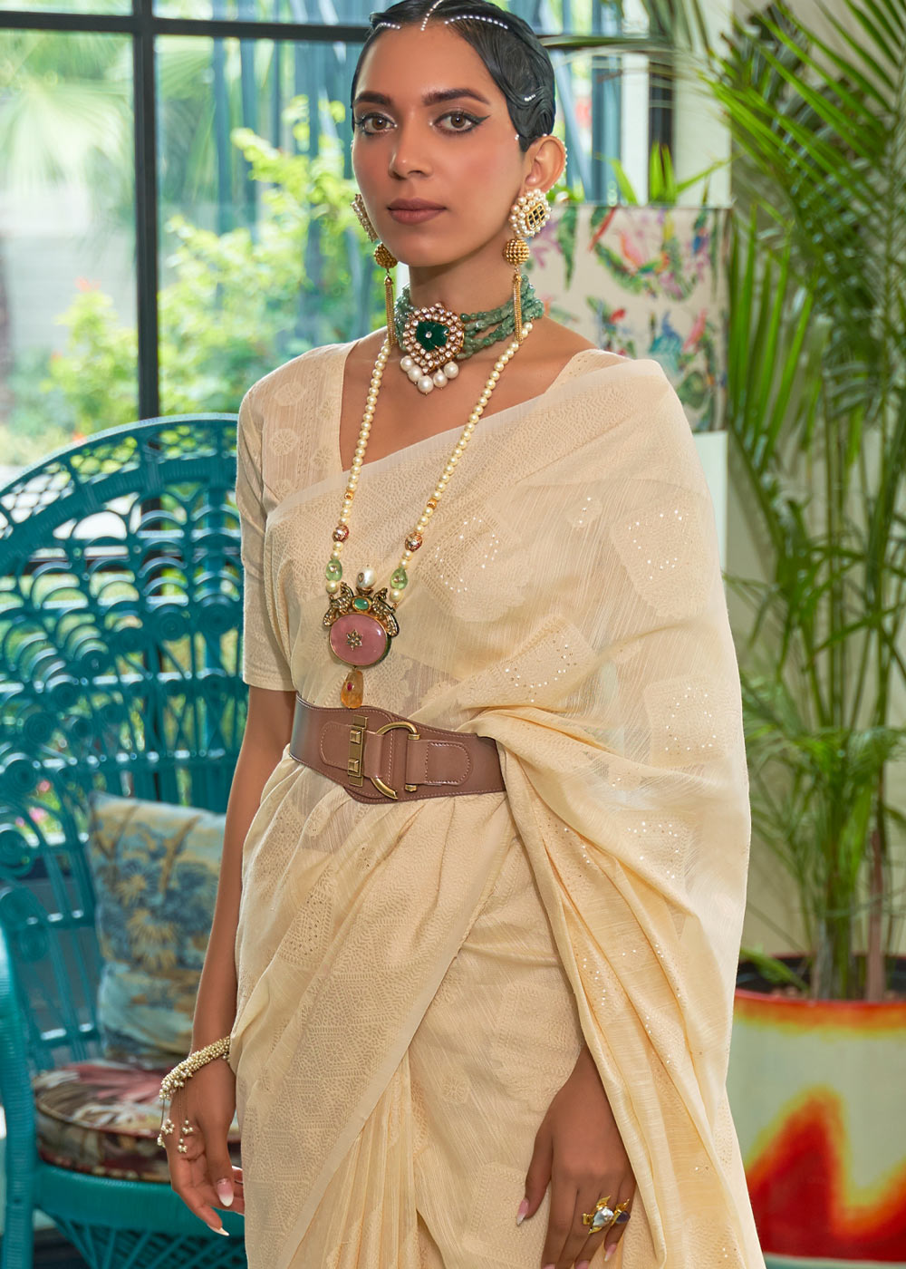 Shades Of Yellow Chikankari Weaving Silk Saree with Sequins work