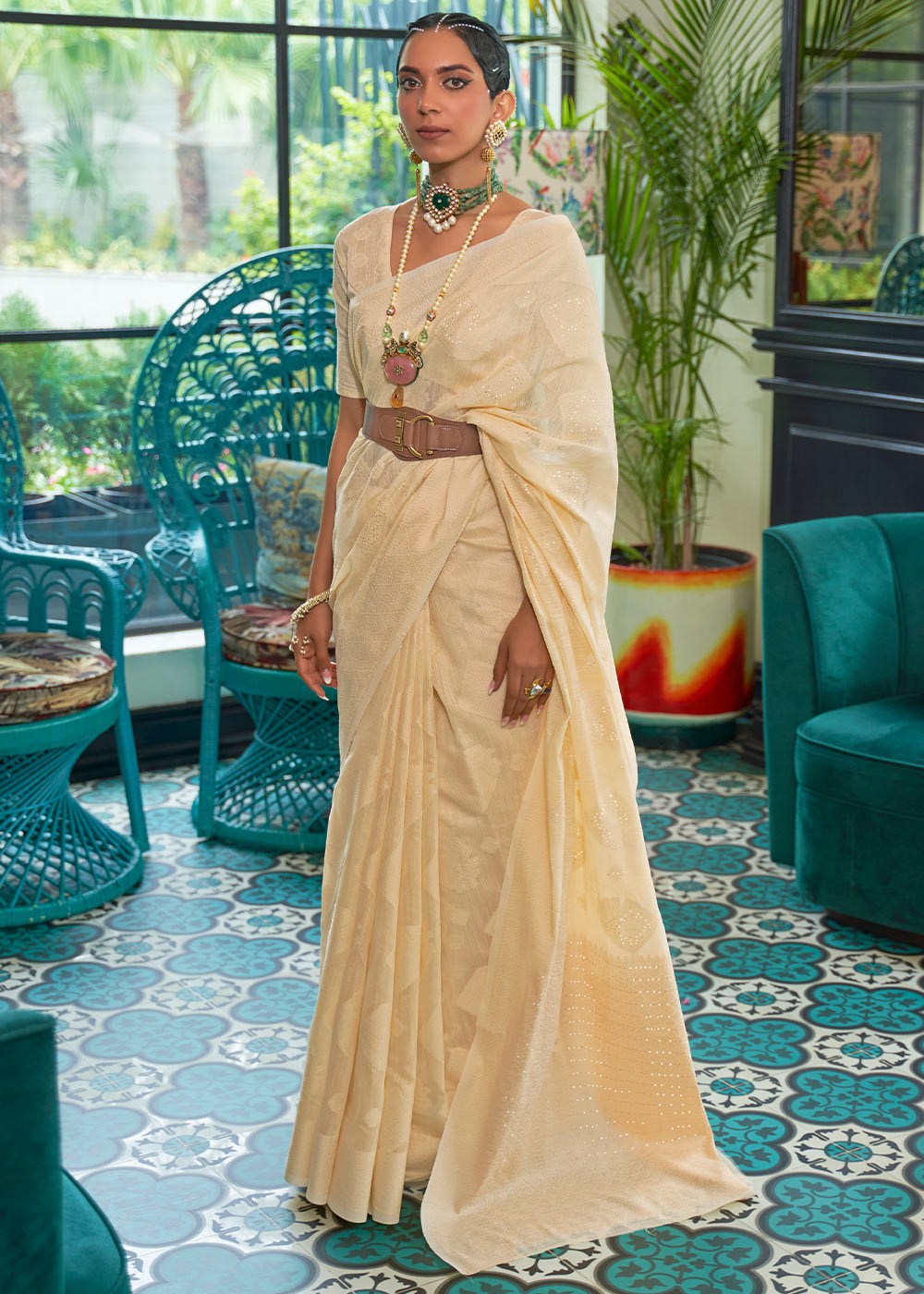Shades Of Yellow Chikankari Weaving Silk Saree with Sequins work