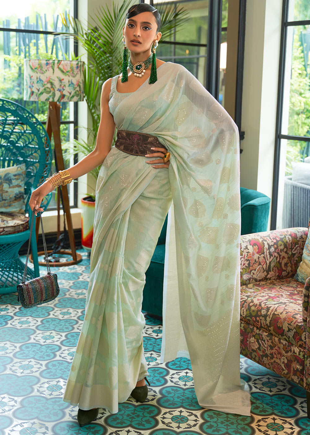 Shades Of Green Chikankari Weaving Silk Saree with Sequins work