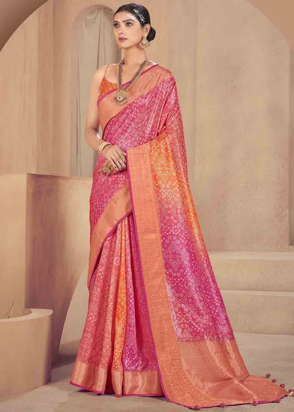 Pink & Orange Zari Woven Raw Silk Saree