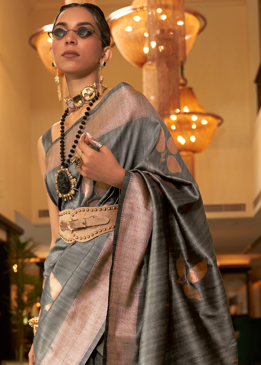 Charcoal Grey Zari Woven Handloom Weaving Silk Saree