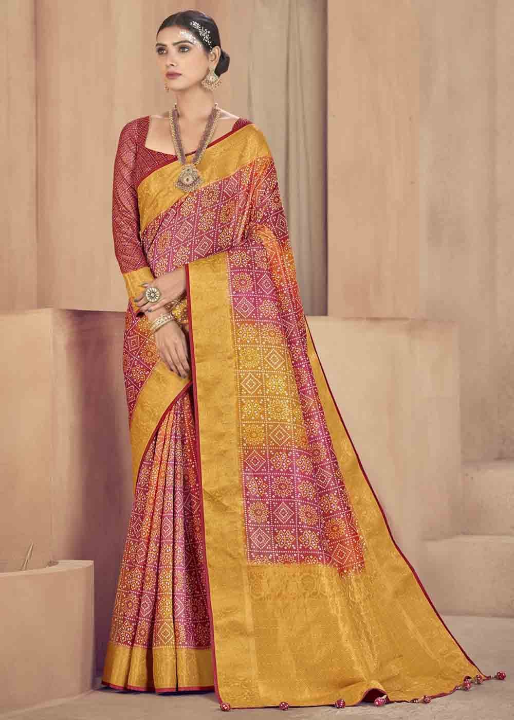 Pink & Yellow Zari Woven Raw Silk Saree