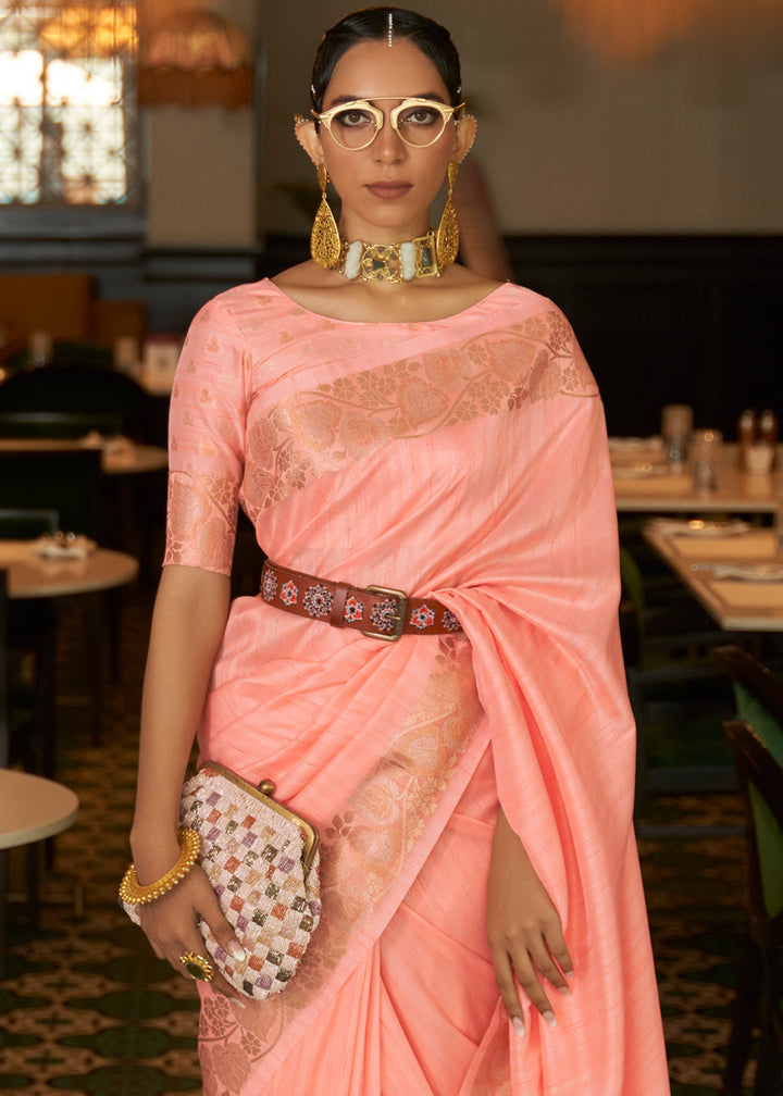 Creamy Pink Zari Woven Tussar Silk Saree