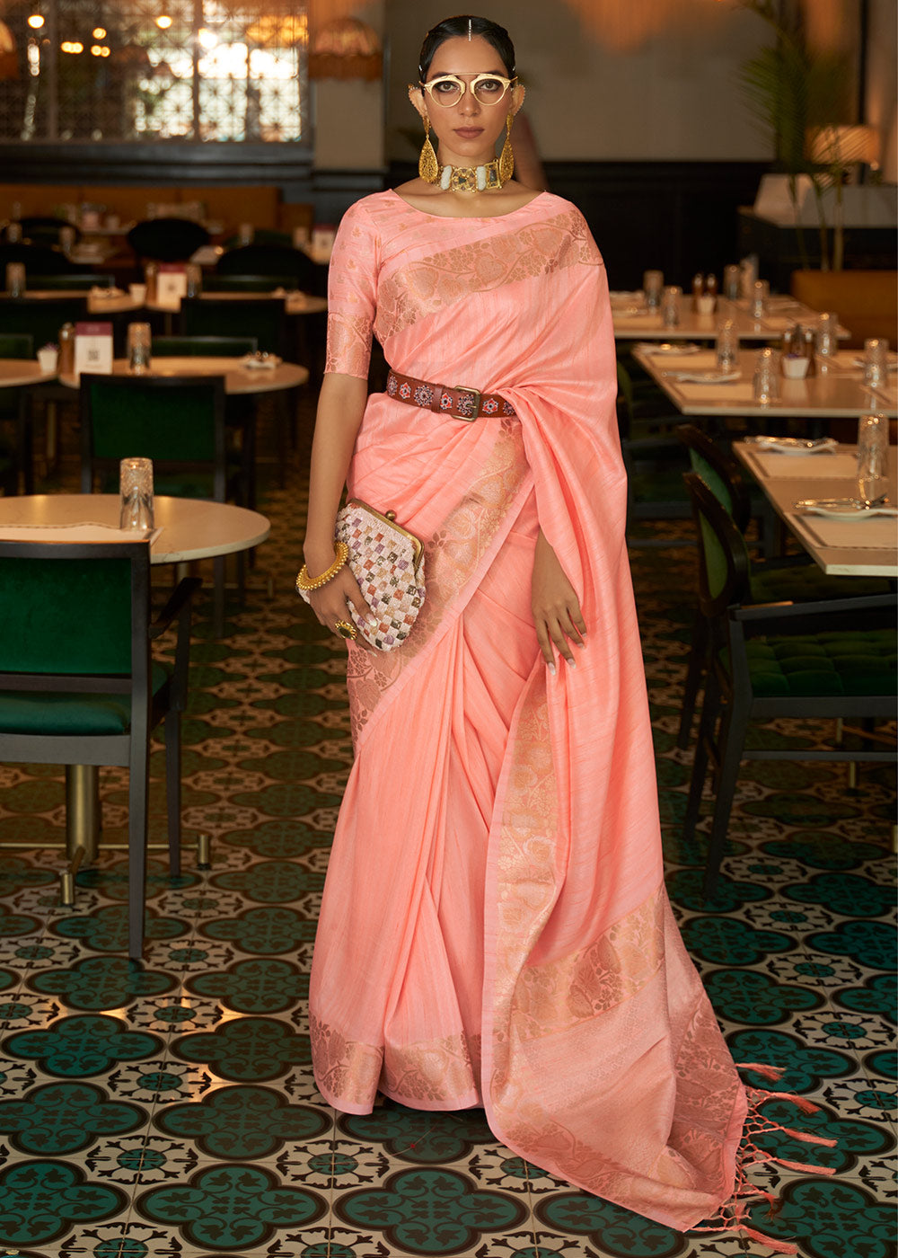 Creamy Pink Zari Woven Tussar Silk Saree