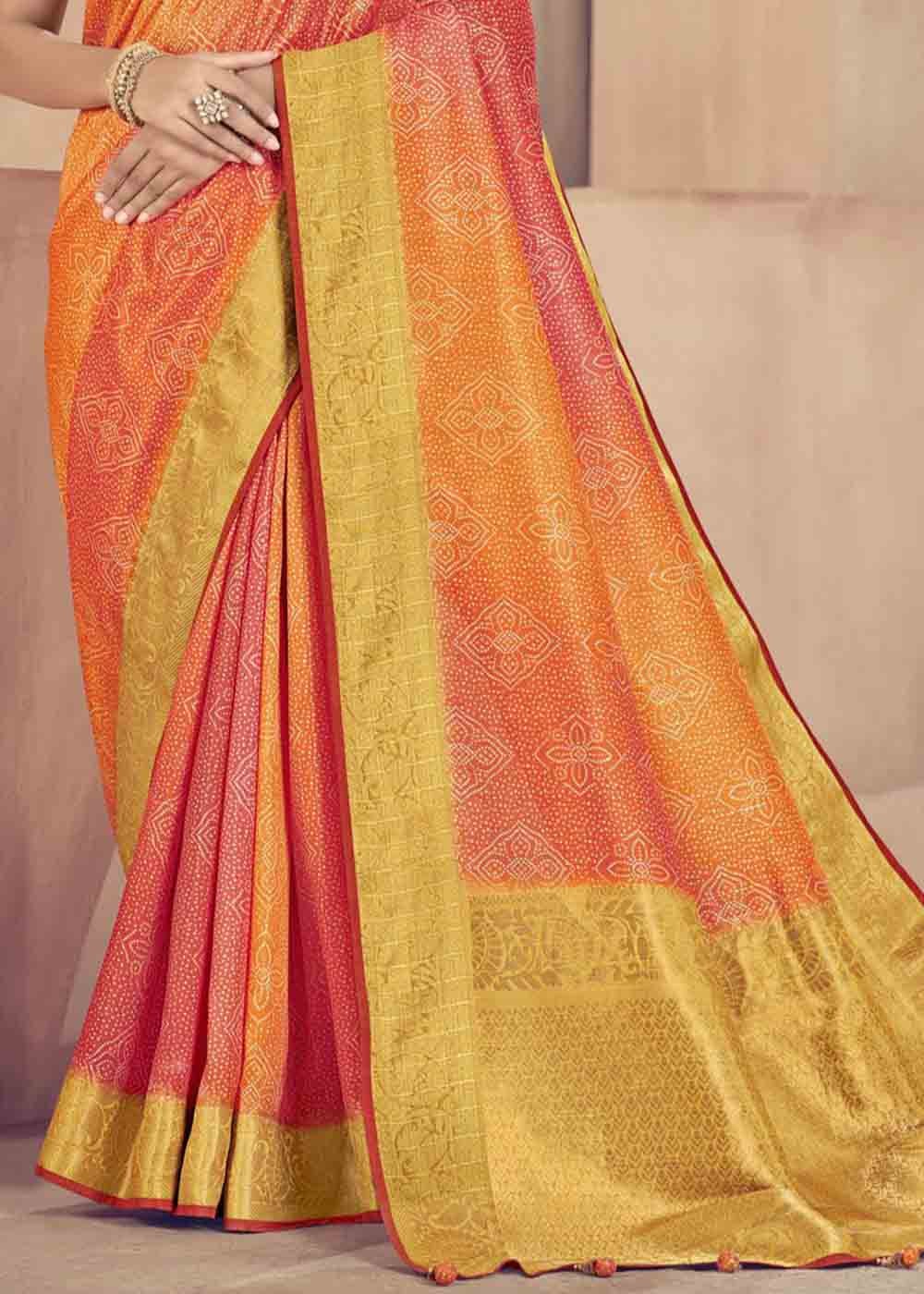 Orange & Pink Zari Woven Raw Silk Saree