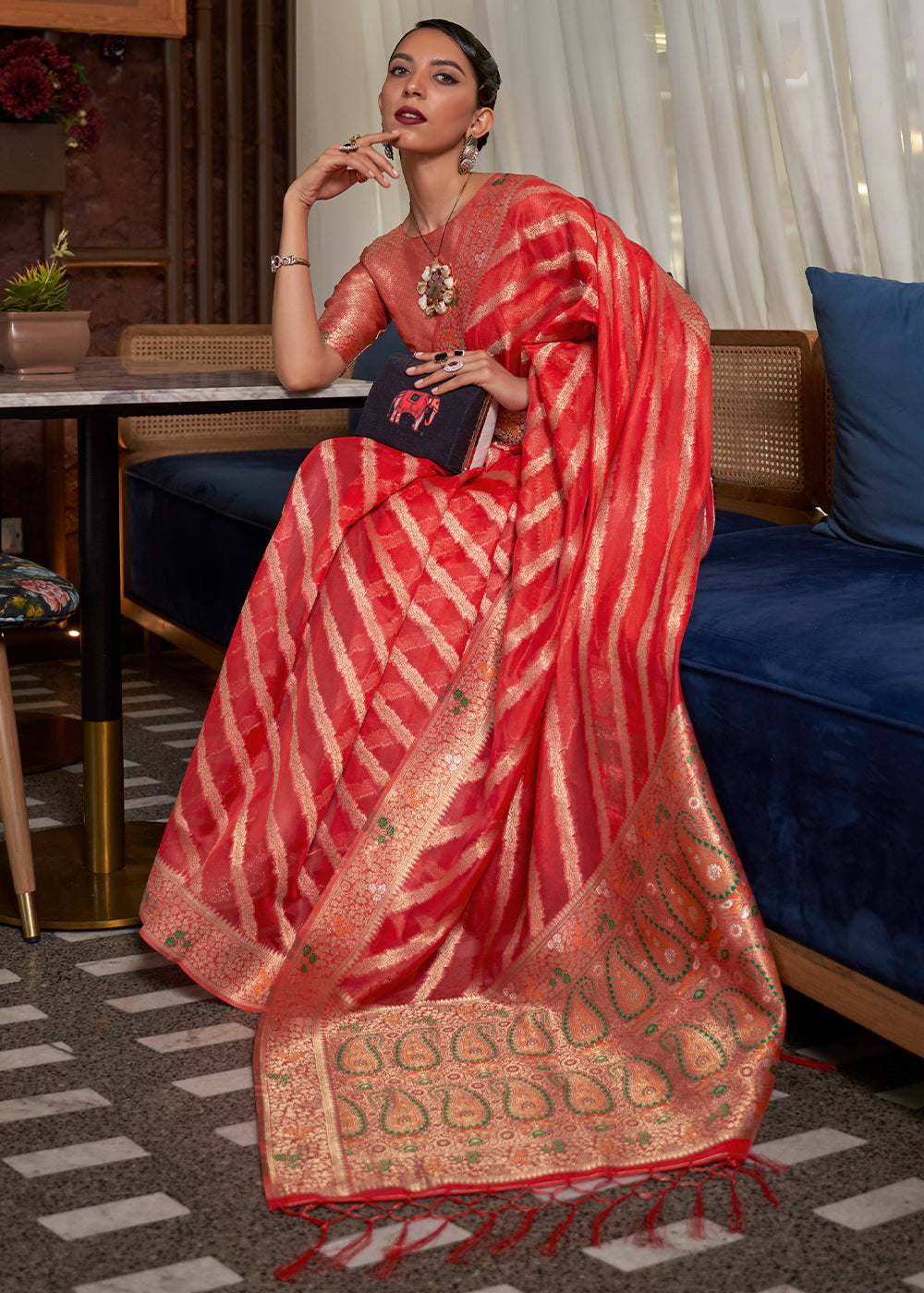Venetian Red Two Tone Meenakari Weaving Organza Silk Saree