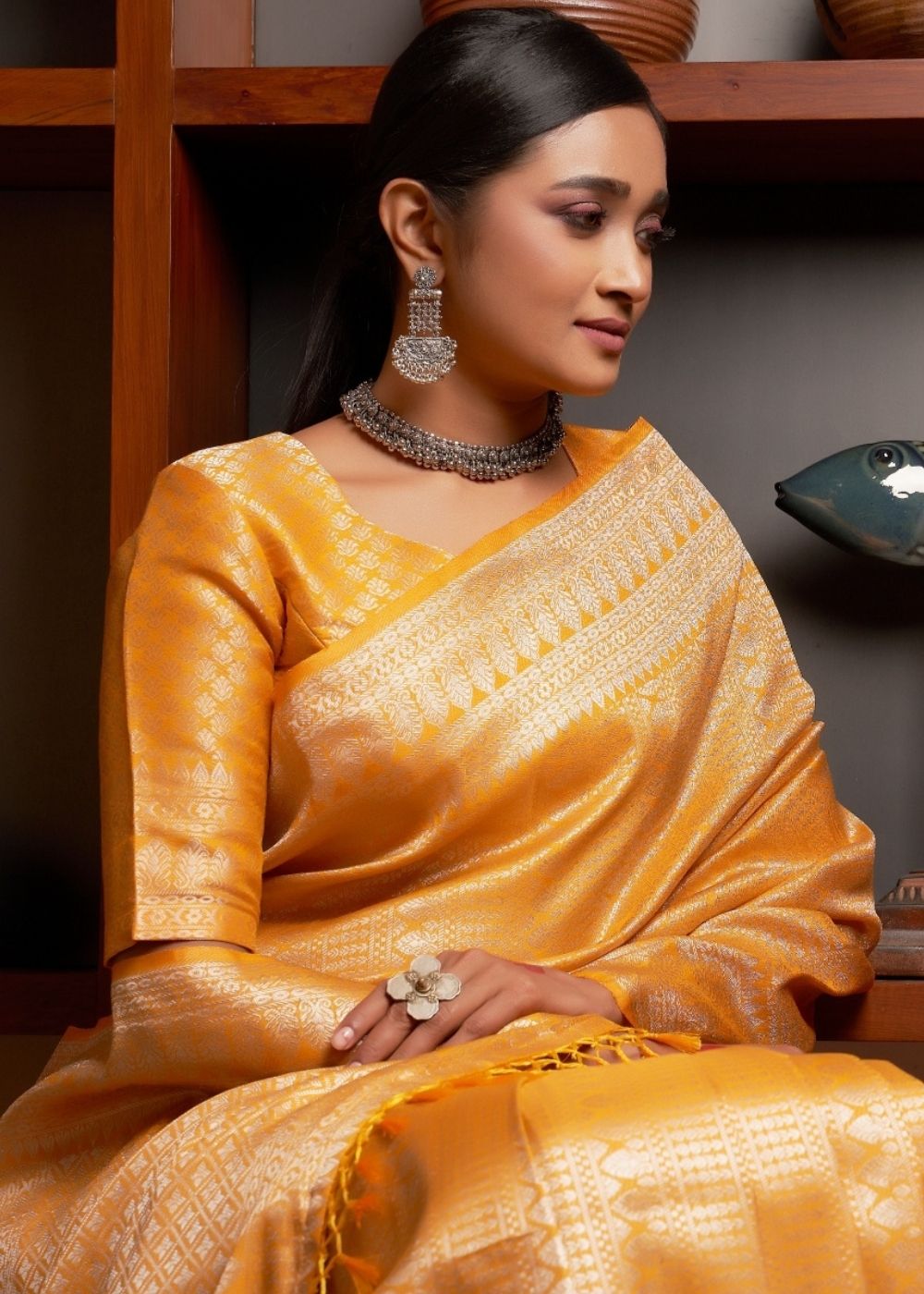 Gold Yellow Silver Zari work Kanjivaram Silk Saree